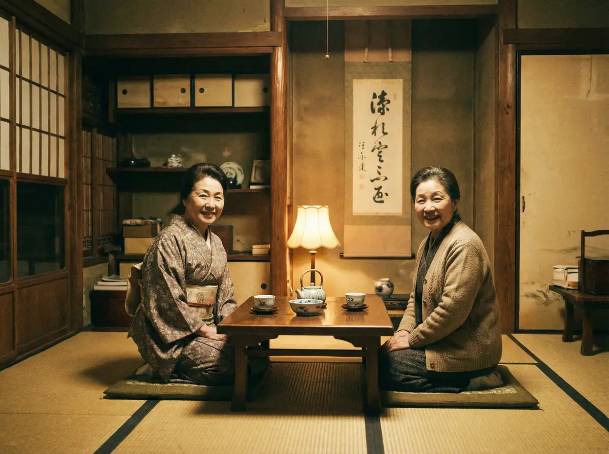 两位优雅的 蜜芽 在日式茶室中品茶交谈